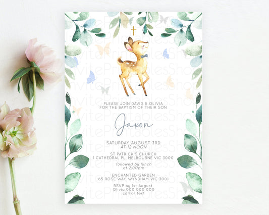 Fawn Baptism Invitation Deer Baptism 1st Birthday Invitation Enchanted Forest Christening Invitation Pastel Garden Butterfly Floral D10767