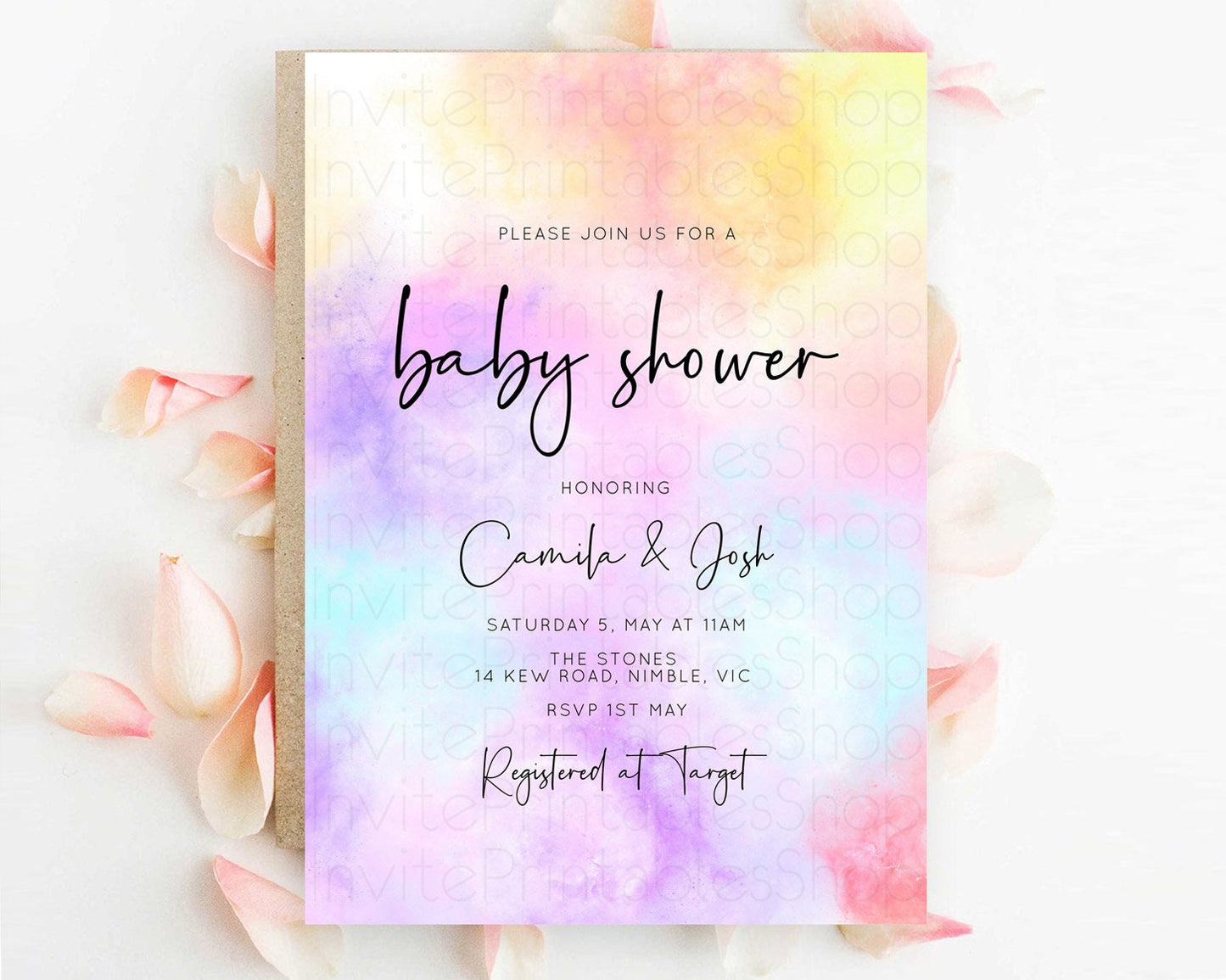 Pastel Baby Shower Invitation Rainbow Baby Shower Invitation Colorful Pastel Watercolor Invitation Gold Glitter Sprinkles Ombre D10438