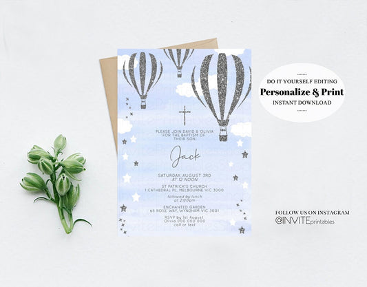 Hot Air Balloon Baptism Christening Invitation Confetti Sprinkle Magical Stars Sky Clouds Orthodox Silver Cross Blue Hotair Balloon