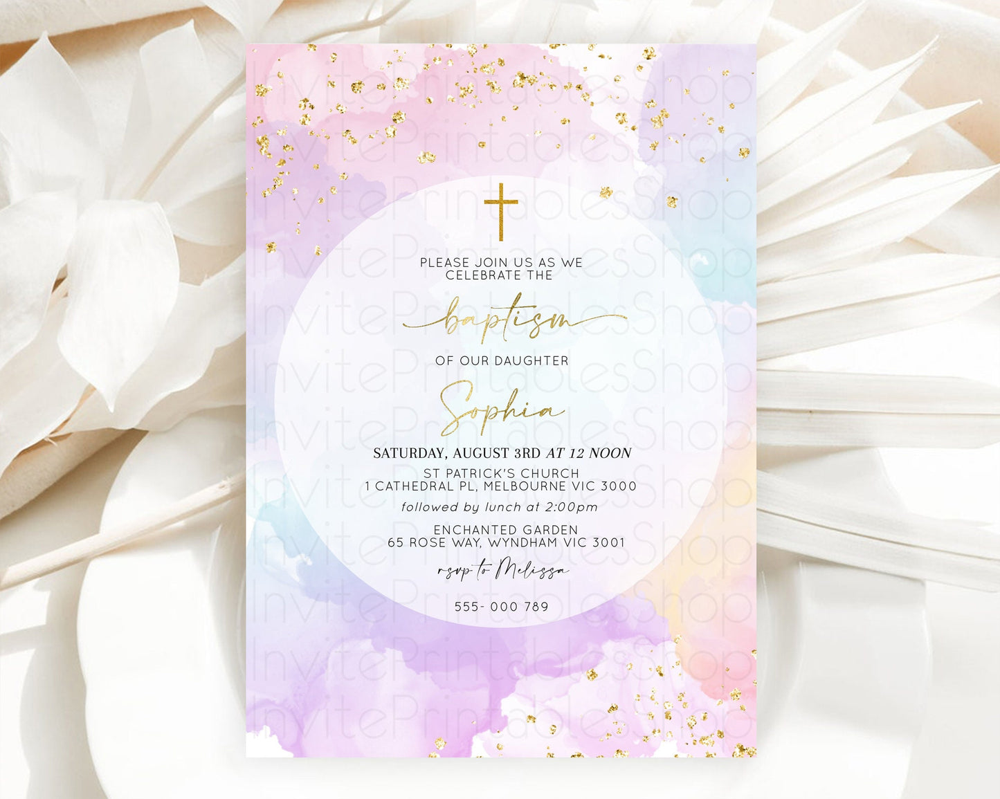 Pastel Baptism Invitation Pastel Colors Watercolor Baptism 1st Birthday Party Gold Ombre Pastel Rainbow Christening Holy Communion D10623