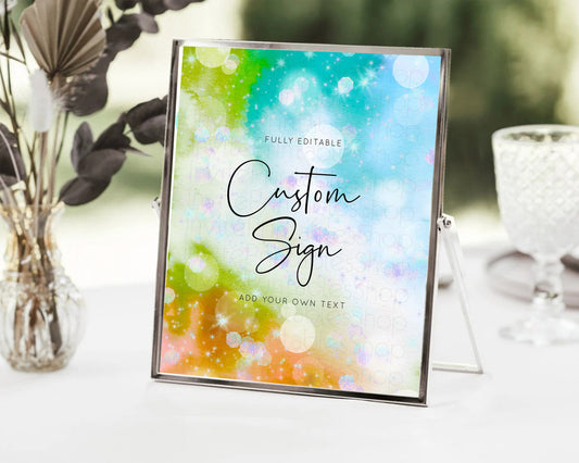 Editable Colorful Ombre Table Sign Decor Pastel Rainbow Watercolor Iridescen