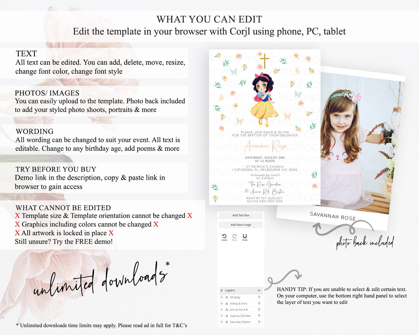 Princess Baptism Invitation Enchanted Castle Baptism 1st Birthday Invitation Royal Party Pastel Floral Secret Garden Christening D10356