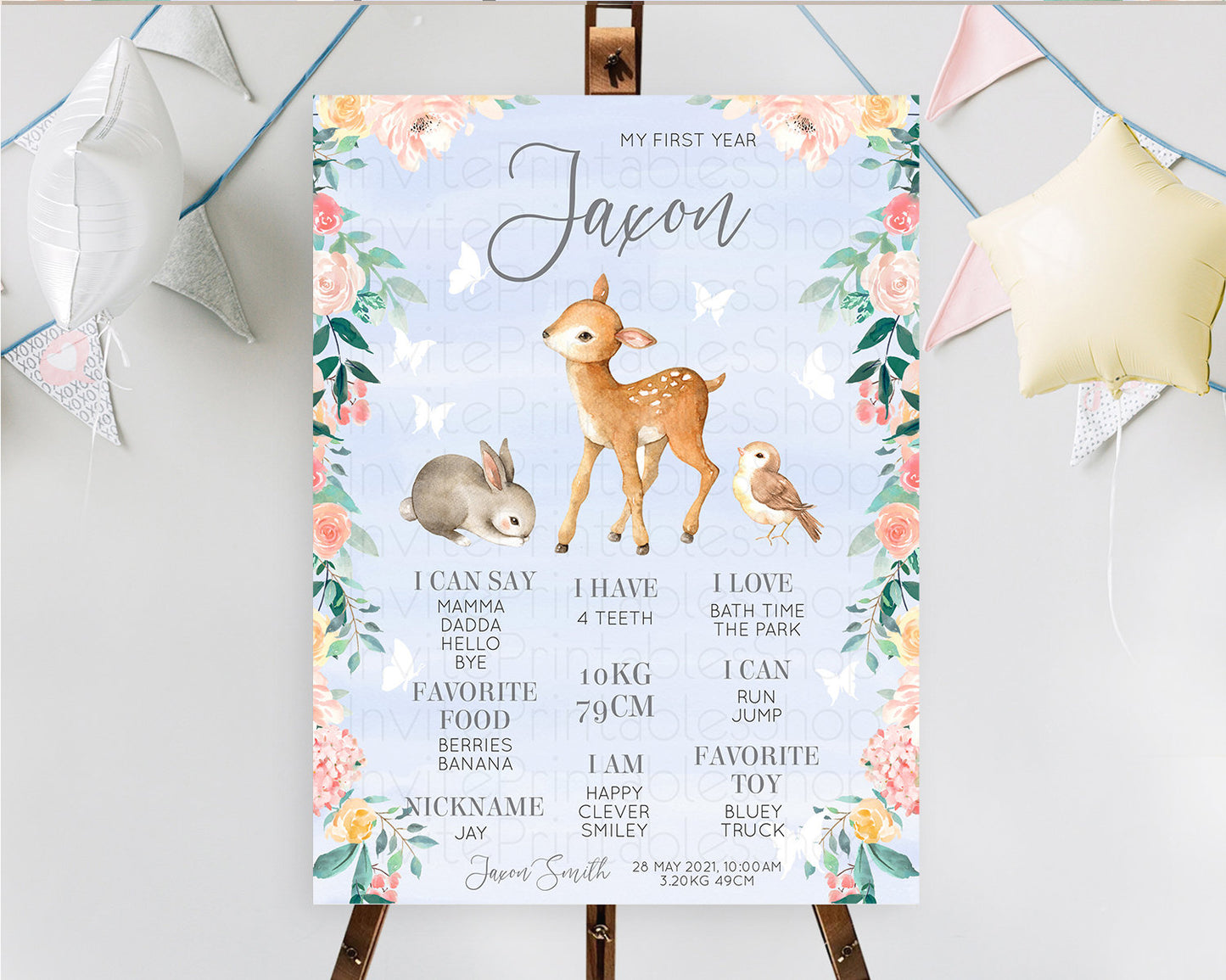 Fawn First Birthday Milestone Board Deer First Birthday Milestone Poster Enchanted Forest Butterfly Pastel Flowers 1st Birthday Sign D10920