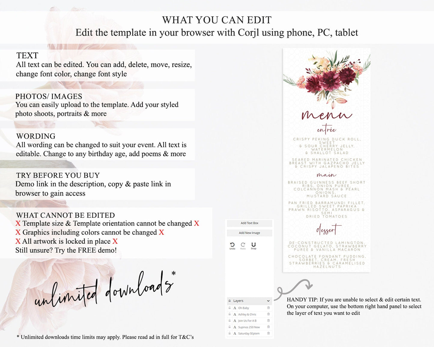 Secret Garden Menu Wildflower Menu Template Pastel Flower Garden Table Decor Boho Floral Dinner Dessert Floral Party Food Menu D10685