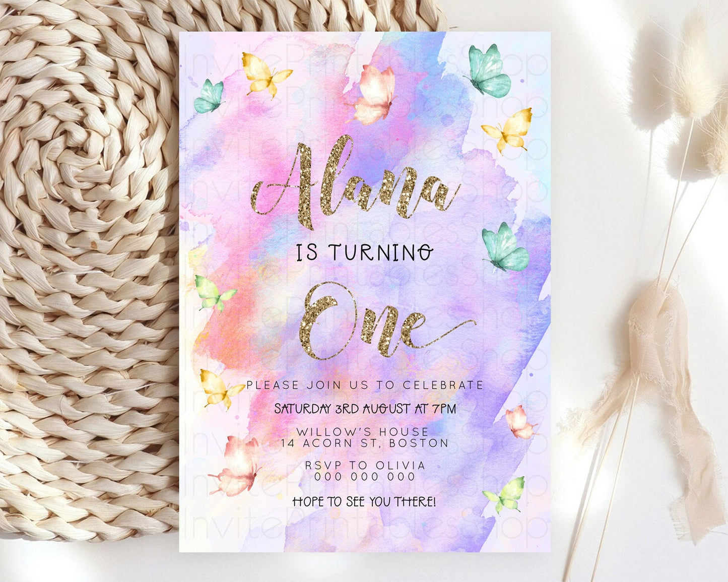 Pastel Butterfly Birthday Invitation Butterfly Birthday Invitation Colorful Splash Glitter Butterfly Garden 1st 2nd Birthday D23247