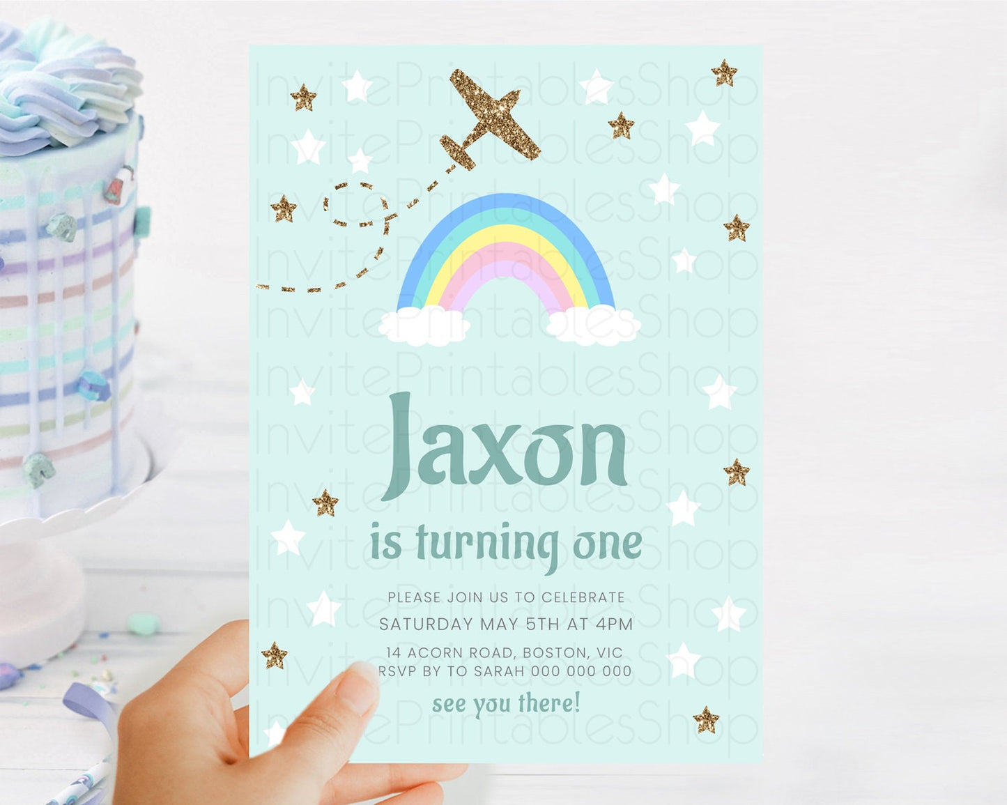 Plane Birthday Invitation Plane Invite Pastel Rainbow Clouds Stars Party Adventure Awaits Up Up Away Glitter 2nd 1st First Birthday D10296