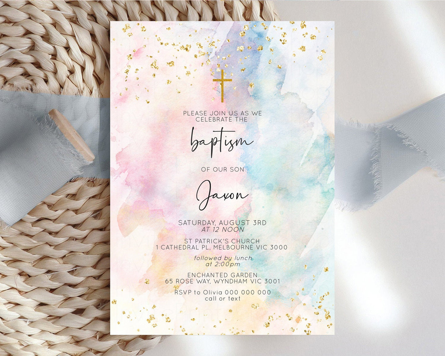 Rainbow Baptism Invitation Pastel Christening Invitation Holy Communion Invitation Glitter Watercolor Splash Invitation Colorful Invite 276