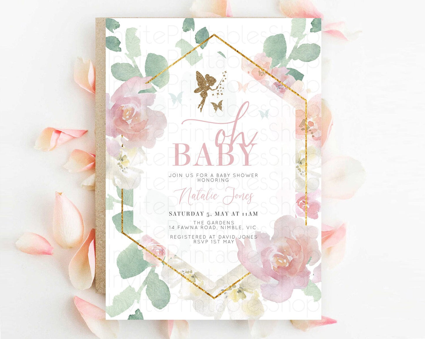 Fairy Baby Shower Invitation: Soft Pink Floral Tea Party, Enchanted Fairy Garden Flowers with Gold Glitter - Secret Garden Theme D10965