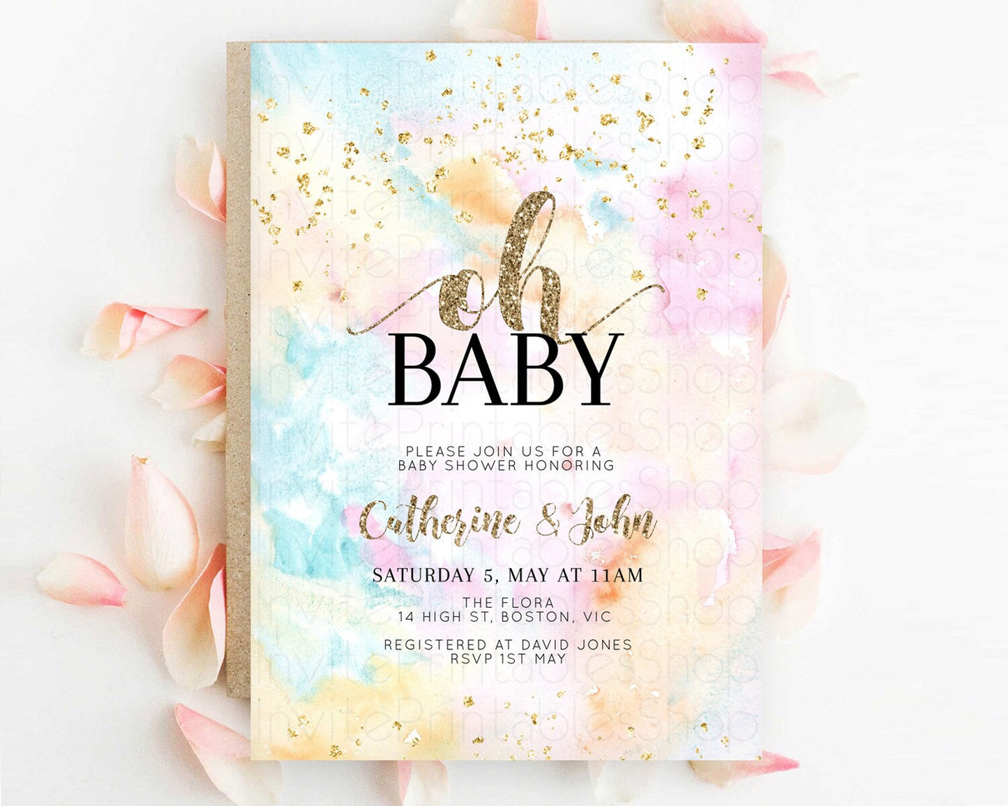 Pastel Baby Shower Invitation Rainbow Baby Shower Invitation Colorful Pastel Watercolor Invitation Gold Glitter Sprinkles Ombre D10548