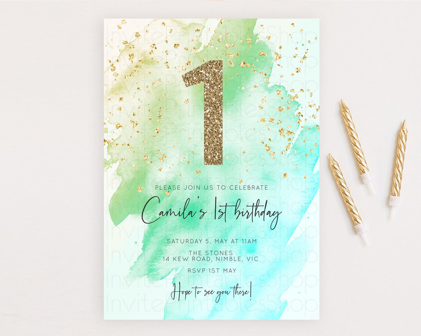 Green Birthday Invitation green Watercolor Invitation Pastel green Watercolor Invitation green Splash Gold Invitation First Birthday D10170