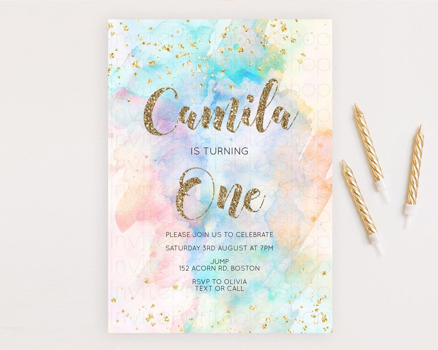 Rainbow Birthday Invitation Colorful Pastel Watercolor Invitation Gold Glitter Sprinkles Ombre Pastel 1st 2nd 3rd Birthday D10261