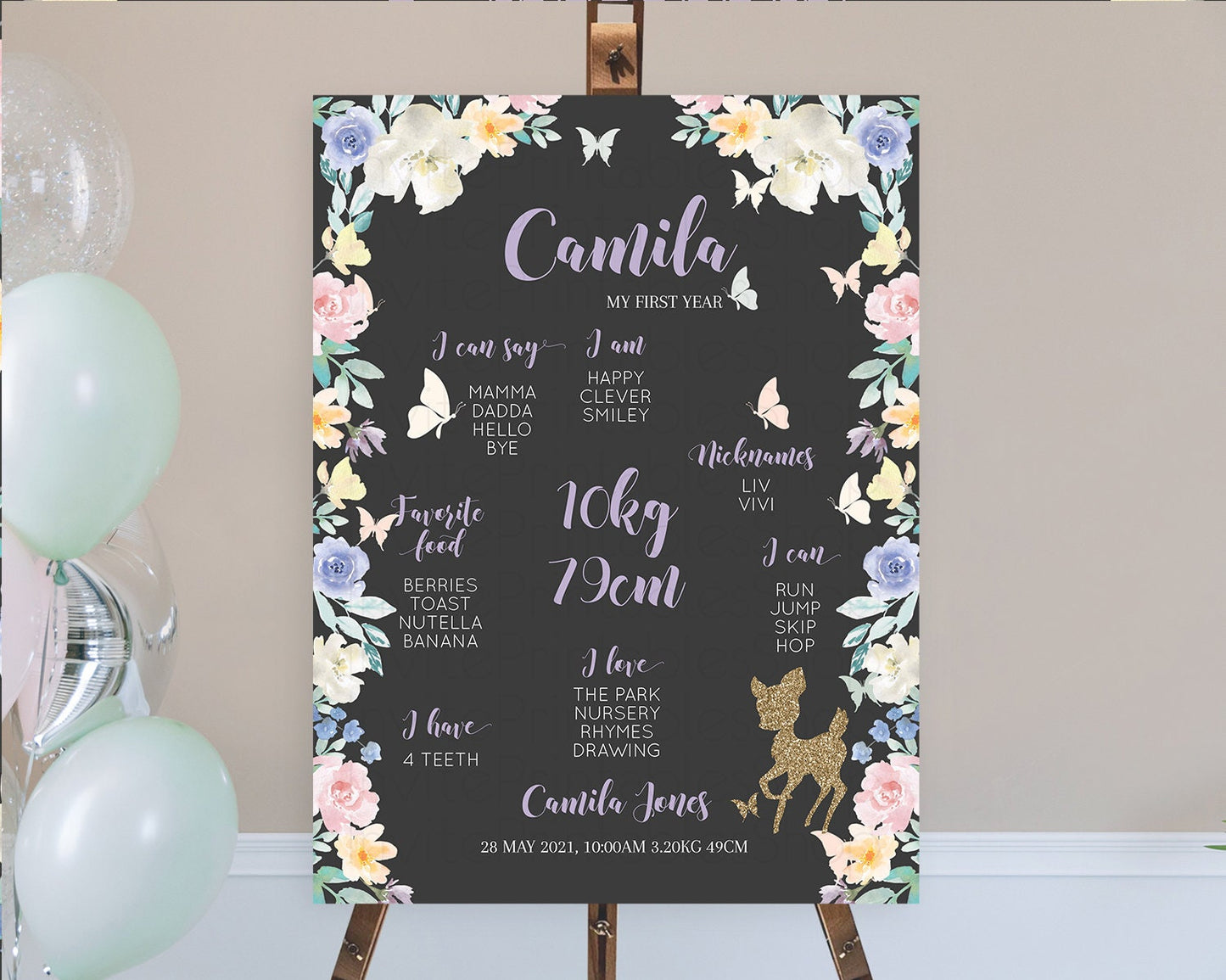 Fawn First Birthday Milestone Board Deer First Birthday Milestone Poster Enchanted Forest Butterfly Pastel Flowers 1st Birthday Sign D10880