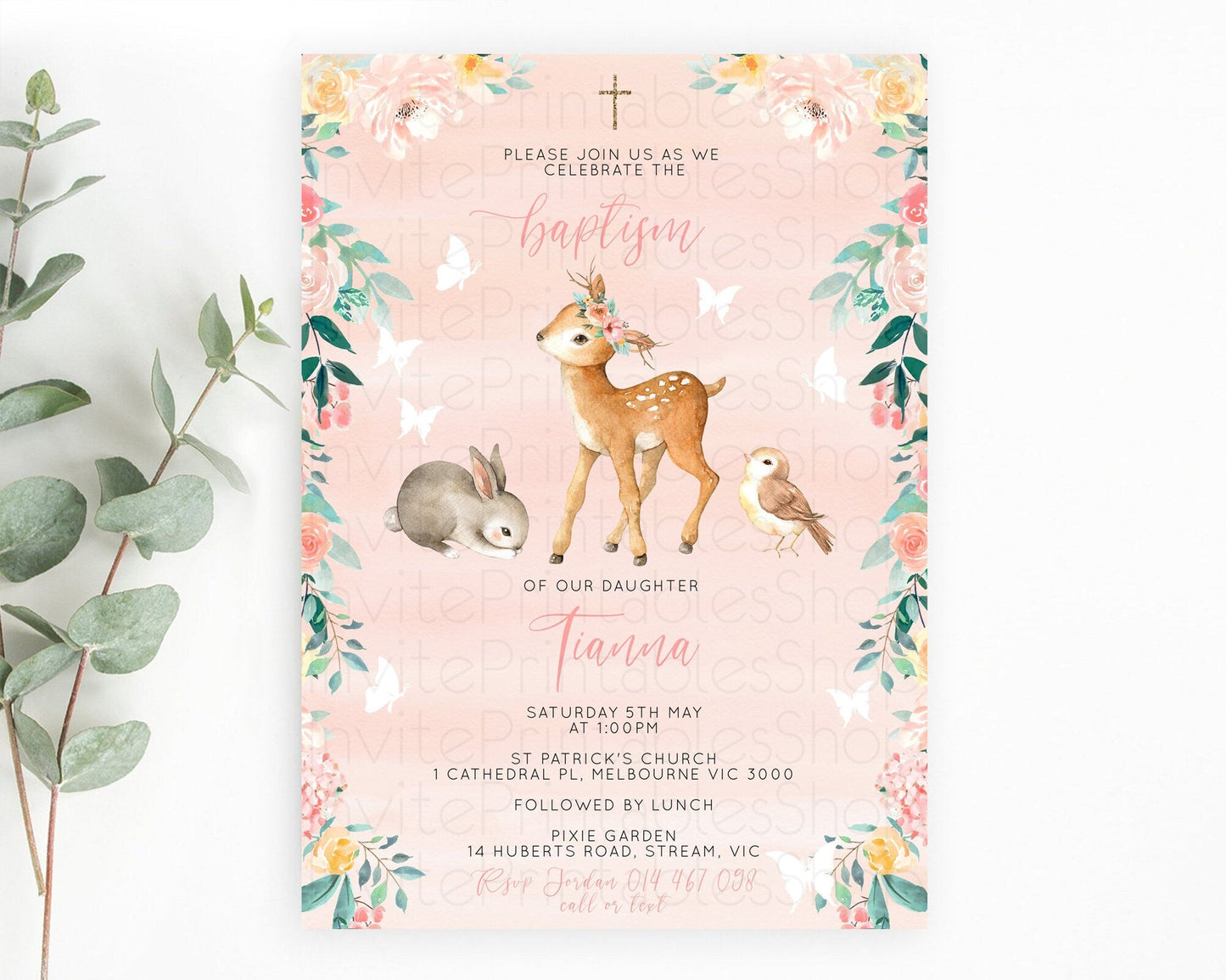 Fawn Baptism Invitation Deer Baptism 1st Birthday Invitation Enchanted Forest Christening Invitation Pastel Garden Butterfly Floral D10921
