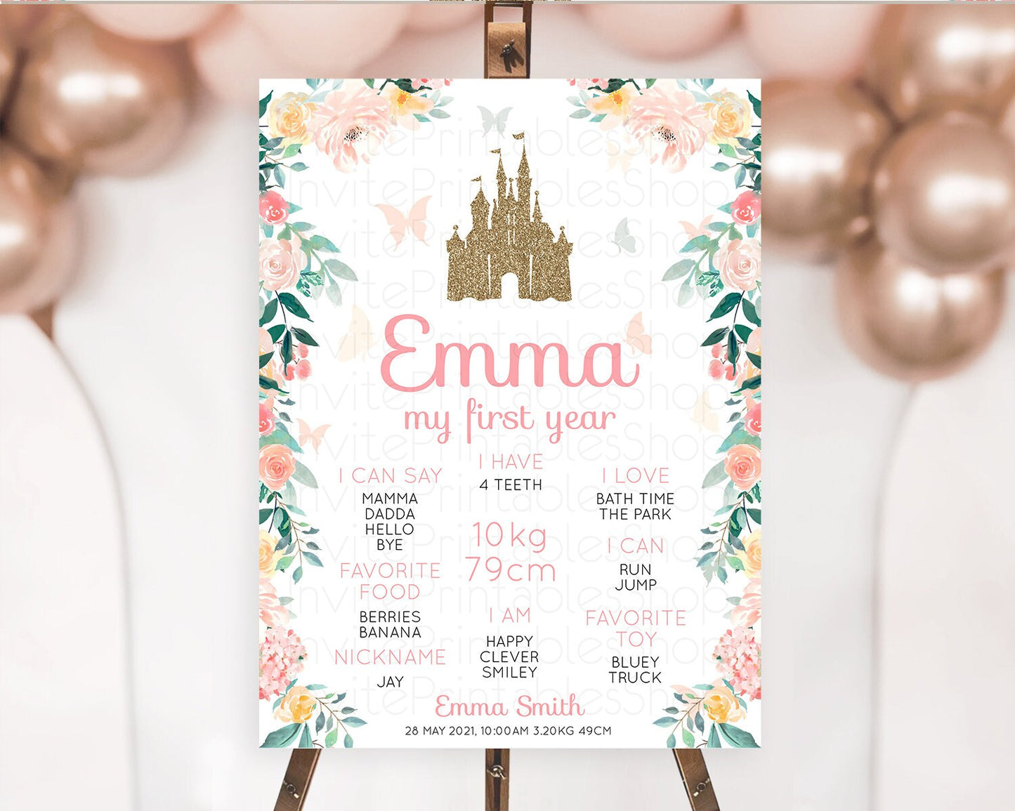 Princess First Birthday Milestone Poster Castle Milestone Board Secret Garden Enchanted Castle Pastel Floral Garden First Birthday D10429