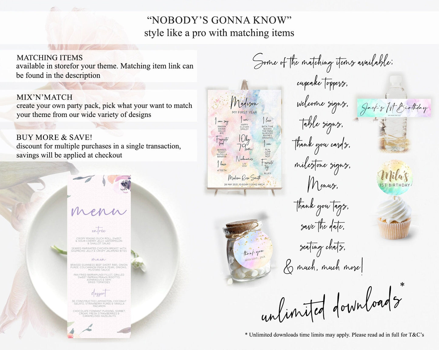 Secret Garden Menu Wildflower Menu Template Pastel Flower Garden Table Decor Boho Floral Dinner Dessert Floral Party Food Menu D10198