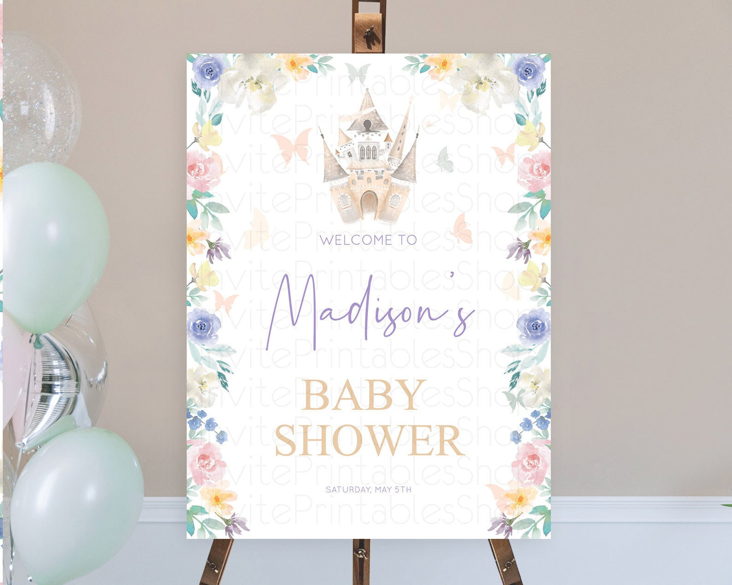 Princess Baby Shower Welcome Sign Castle Welcome Board Secret Garden Enchanted Castle Pastel Floral Garden Baby Shower Welcome Sign D10709