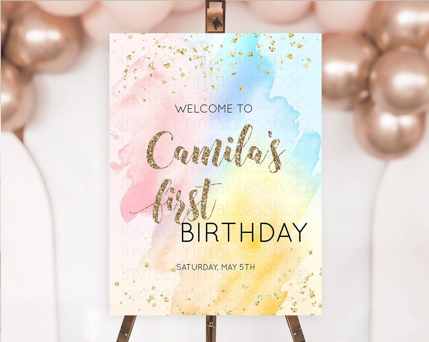 Pastel Welcome Sign Pastel Rainbow Welcome Sign Colorful Rainbow Confetti Watercolor Glitter Pastel First Birthday Welcome Sign D10556