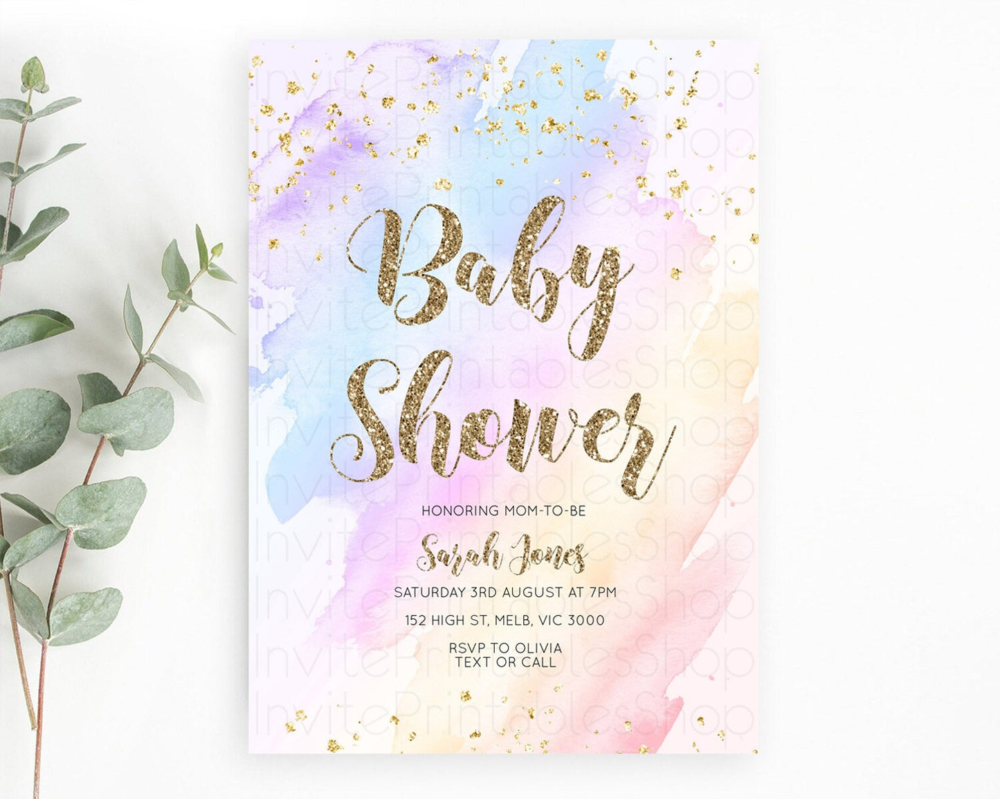 Pastel Baby Shower Invitation Rainbow Baby Shower Invitation Colorful Pastel Watercolor Invitation Gold Glitter Sprinkles Ombre D10633