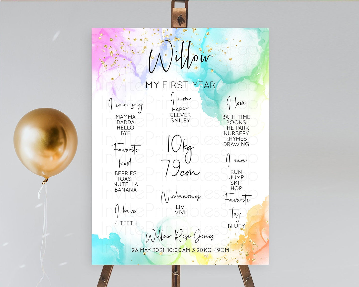Pastel First Birthday Milestone Board Pastel Rainbow Milestone Poster Colorful Confetti Watercolor Glitter 1st Birthday Welcome Sign D10181