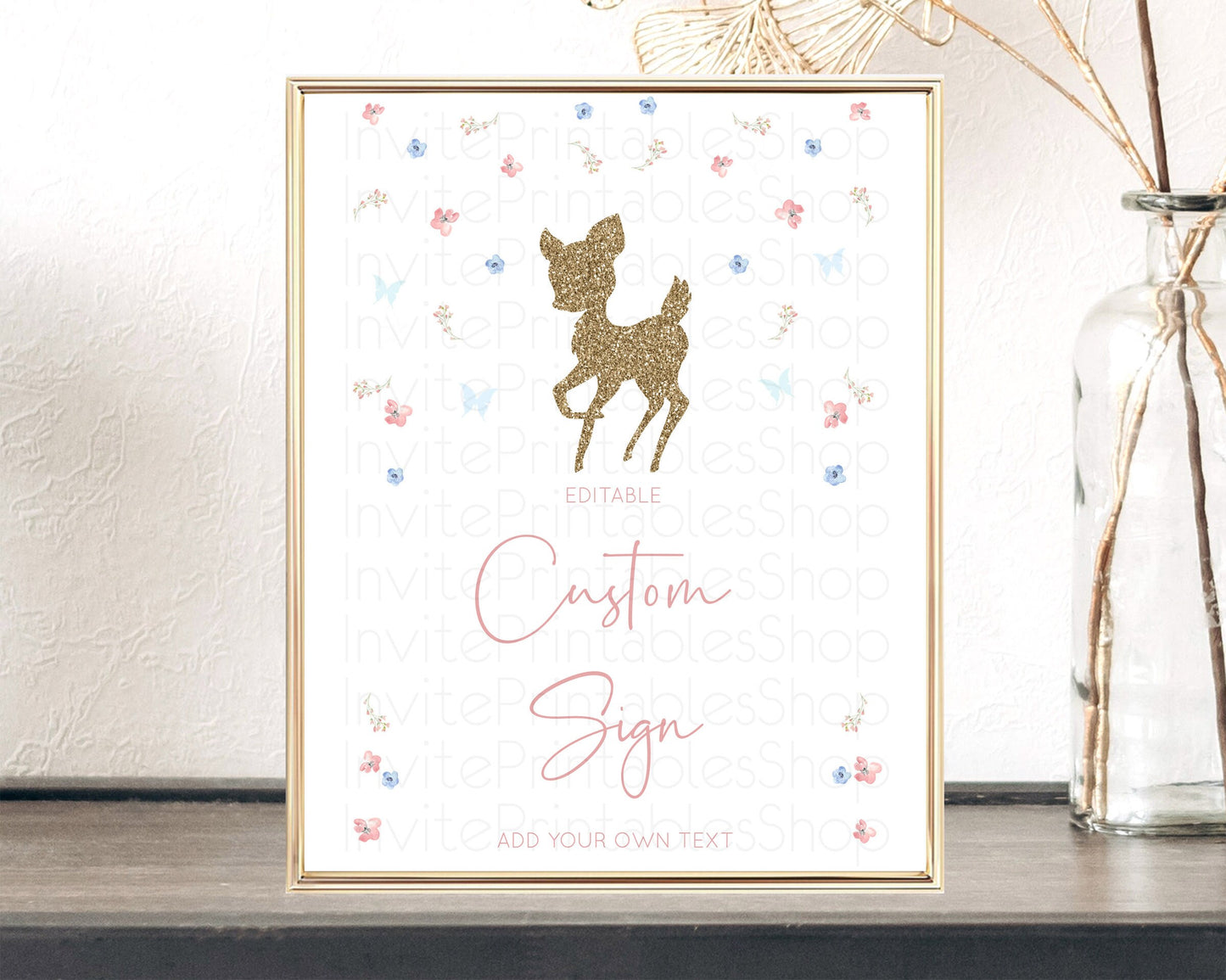 Fawn Deer Sign Pastel Floral Deer Table Sign Decor  Enchanted Forest Butterfly Party 1st Birthday Baptism Baby Shower Bridal Shower D10359