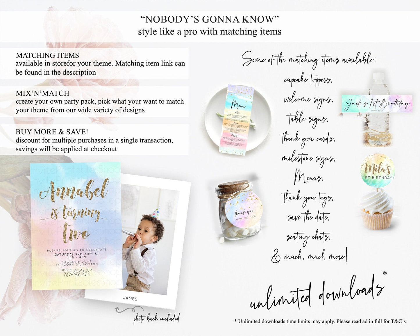 Rainbow Birthday Invitation Colorful Pastel Watercolor Invitation Gold Glitter Sprinkles Ombre Pastel 1st 2nd 3rd Birthday D10378