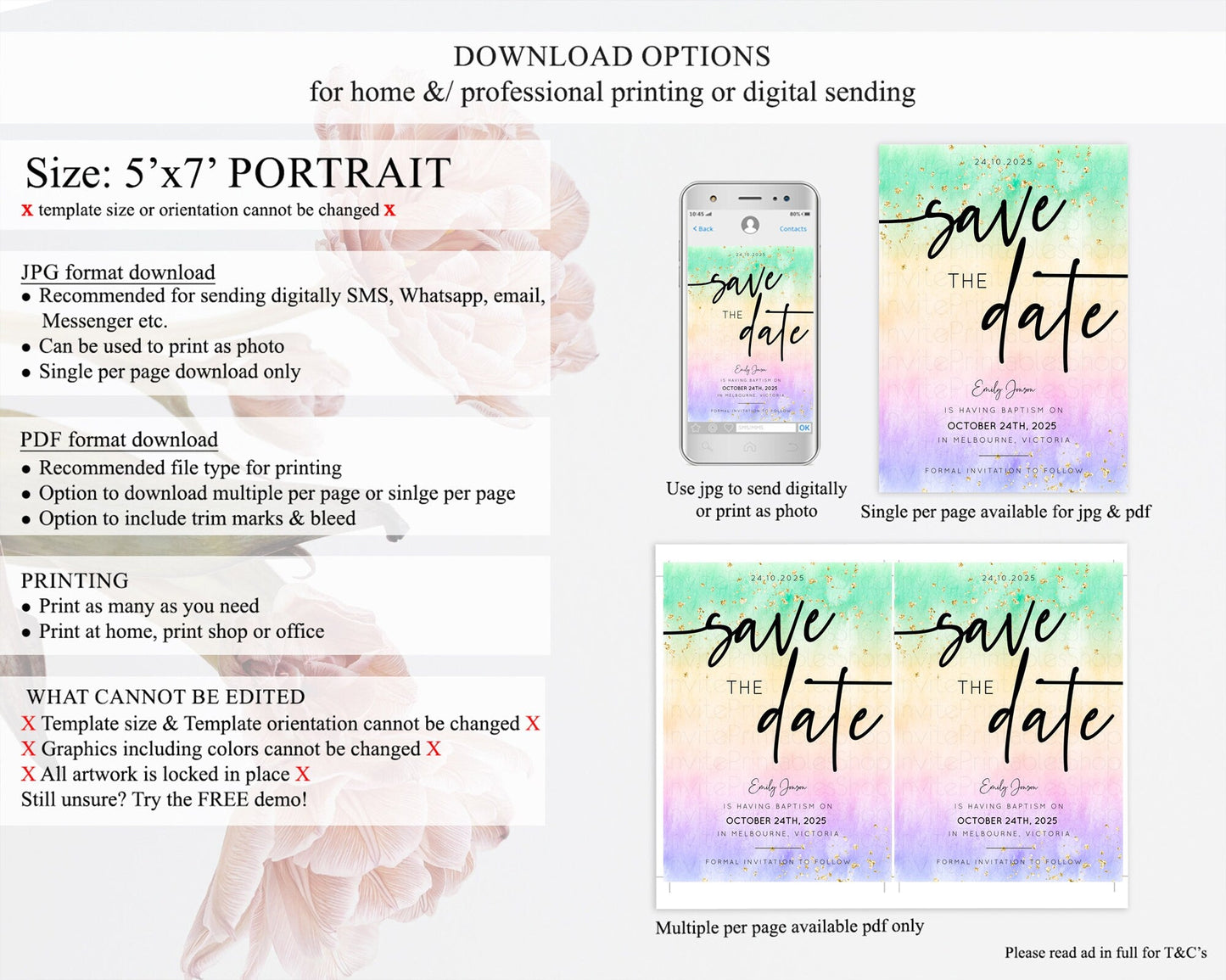 Pastel Save The Date Template Pastel Ombre Rainbow Watercolor Colorful Party For Birthday Baptism Baby Shower Wedding Bridal Shower D10485