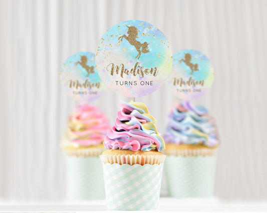 Editable Unicorn Rainbow Cupcake Topper Pastel Unicorn Decor Magical Unicron