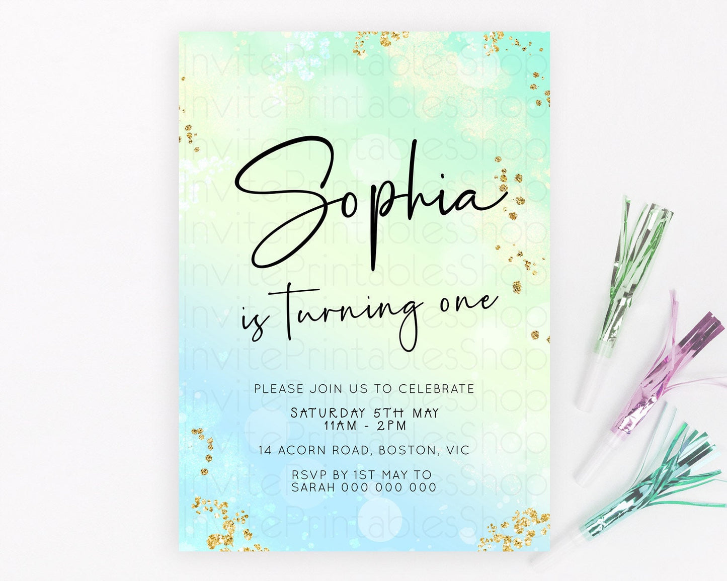 Green Birthday Invitation green Watercolor Invitation Pastel green Watercolor Invitation green Splash Gold Invitation First Birthday D23096