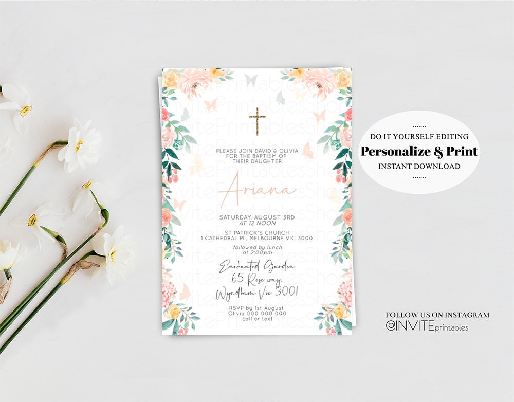 Floral Baptism Invitation Enchanted Garden Christening Invitation Soft Pastel Flowers Butterfly Peony Roses Gold Cross Orthodox Cross