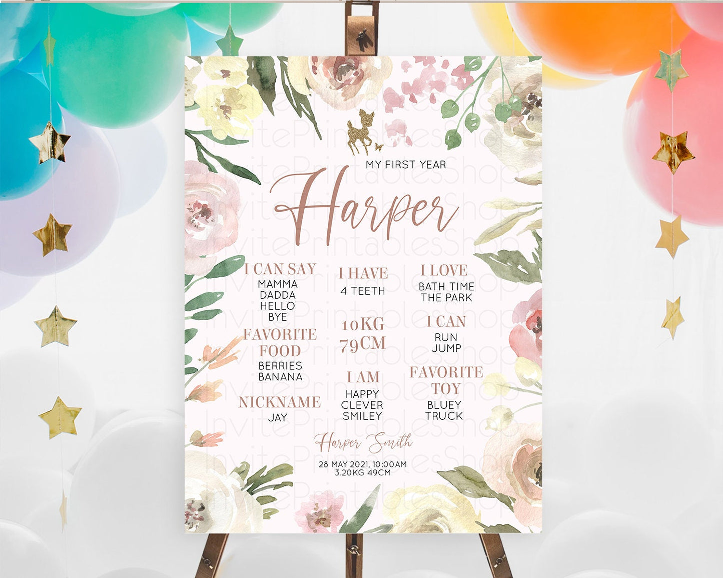 Fawn First Birthday Milestone Board Deer First Birthday Milestone Poster Enchanted Forest Butterfly Pastel Flowers 1st Birthday Sign D10193