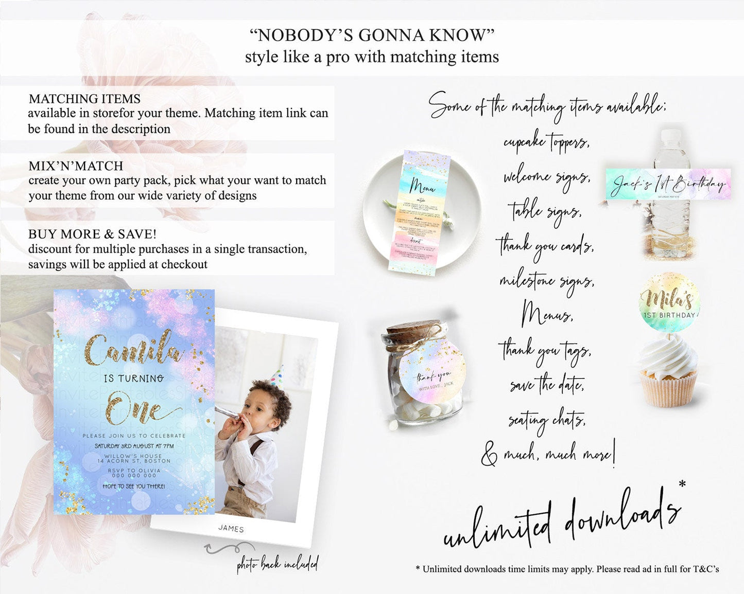 Rainbow Birthday Invitation Colorful Pastel Watercolor Invitation Gold Glitter Sprinkles Ombre Pastel 1st 2nd 3rd Birthday D23124