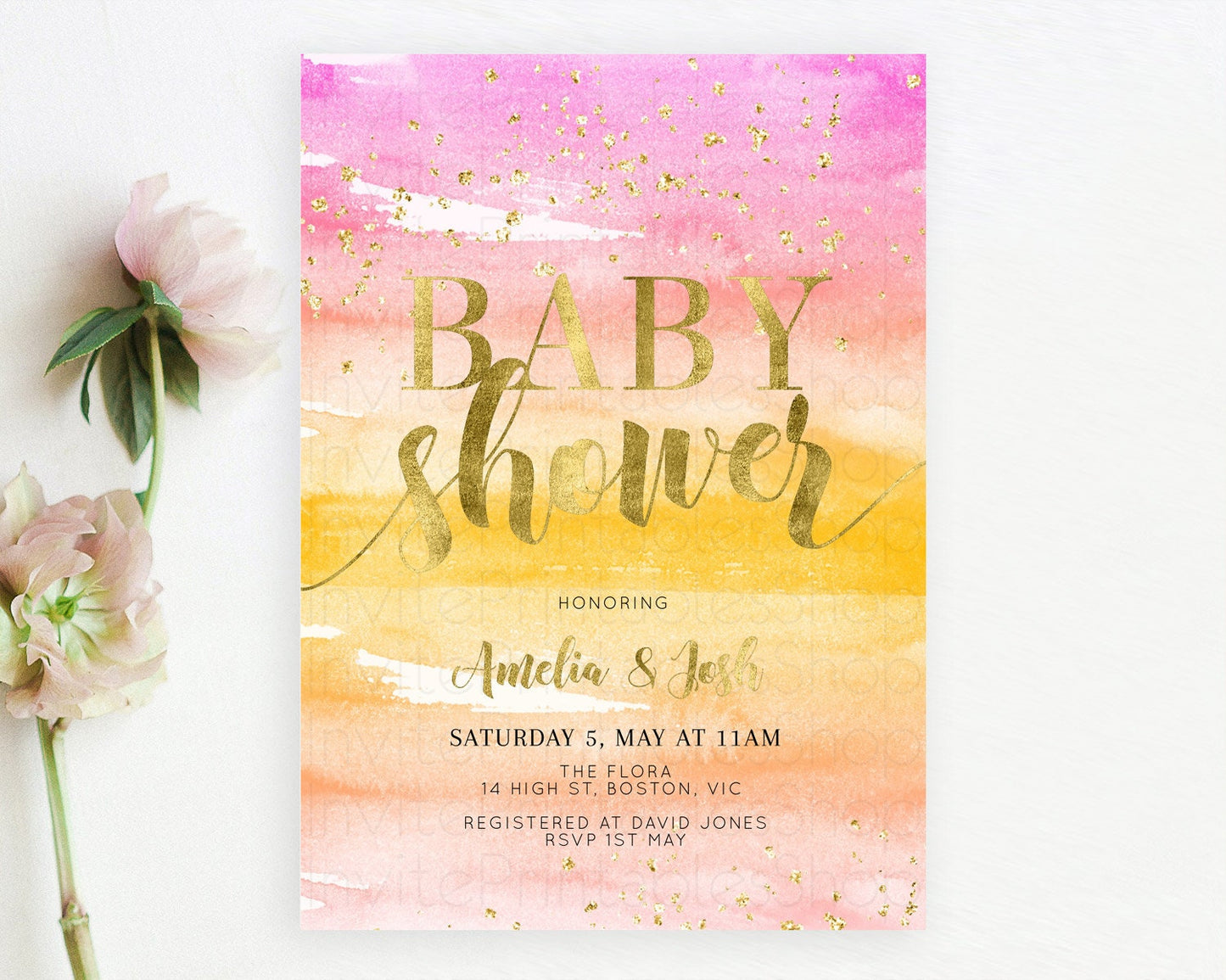 Pastel Baby Shower Invitation Rainbow Baby Shower Invitation Colorful Pastel Watercolor Invitation Gold Glitter Sprinkles Ombre D10520