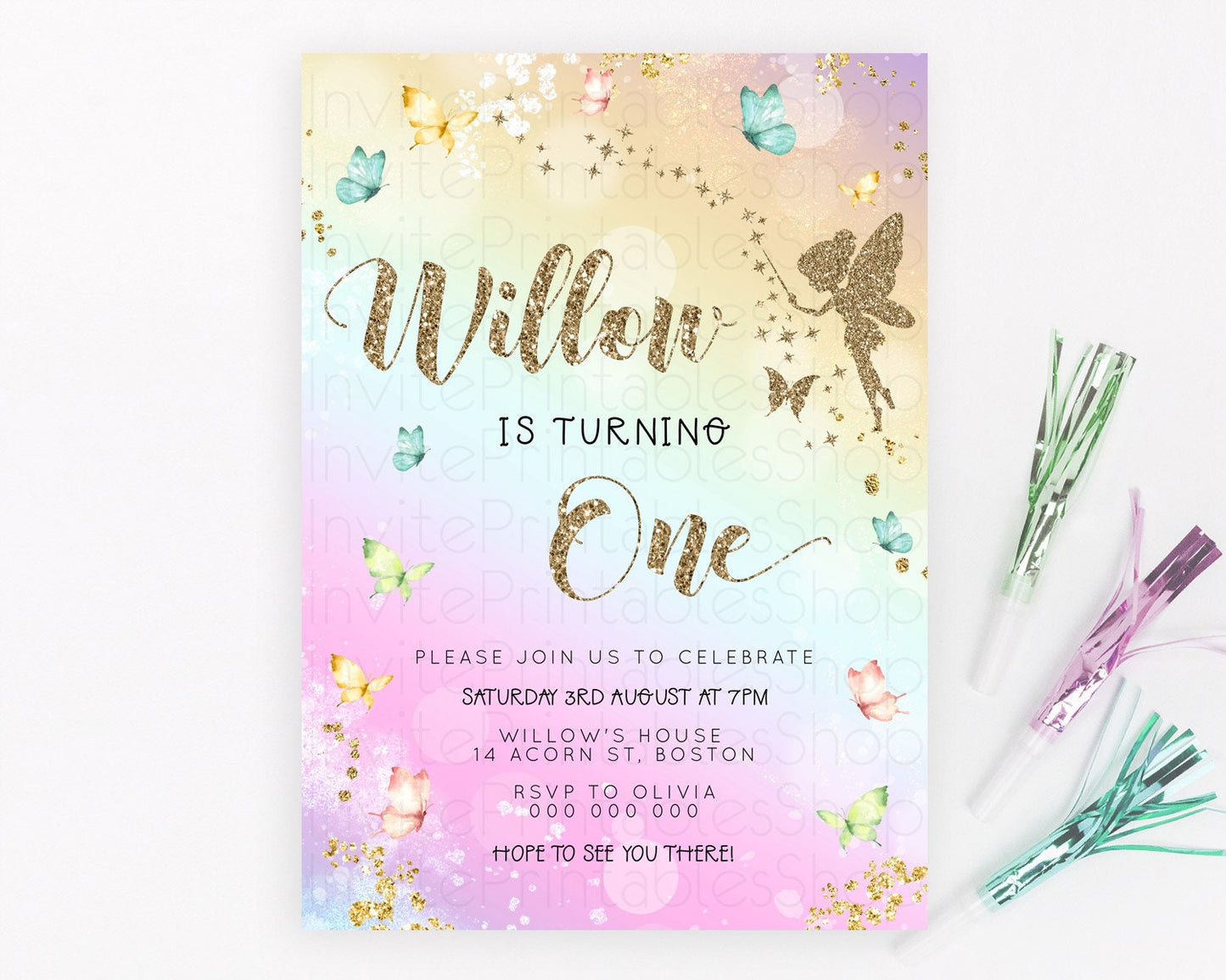 Pastel Fairy Birthday Invitation Pastel Butterflies Fairy Birthday Invitation Rainbow Ombre Watercolor 1st 2nd Birthday Invitation D23156