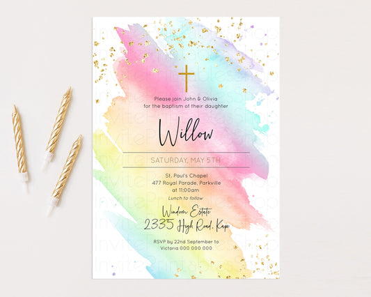 Pastel Baptism Invitation Rainbow Christening Invitation Holy Communion Invite Baptism 1st Birthday Sprinkles Ombre Watercolor Splash