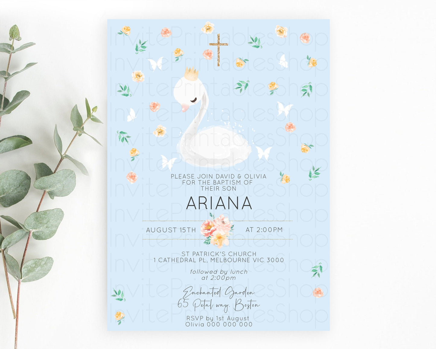 Swan Lake Baptism Invitation Swan Princess Ballet Baptism 1st Birthday Enchanted Forest Secret Garden Watercolour Pastel Floral D10903