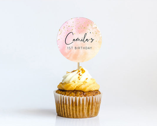 Editable Pink Cupcake Toppers Pink Watercolor Cupcake Toppers Pastel Pink Wa