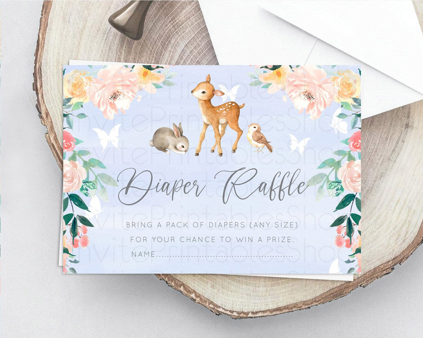Fawn Diaper Raffle Card Deer Diaper Insert Floral Deer Diaper Ticket Enchanted Forest Butterfly Pastel Baby Shower Raffle Game D10920