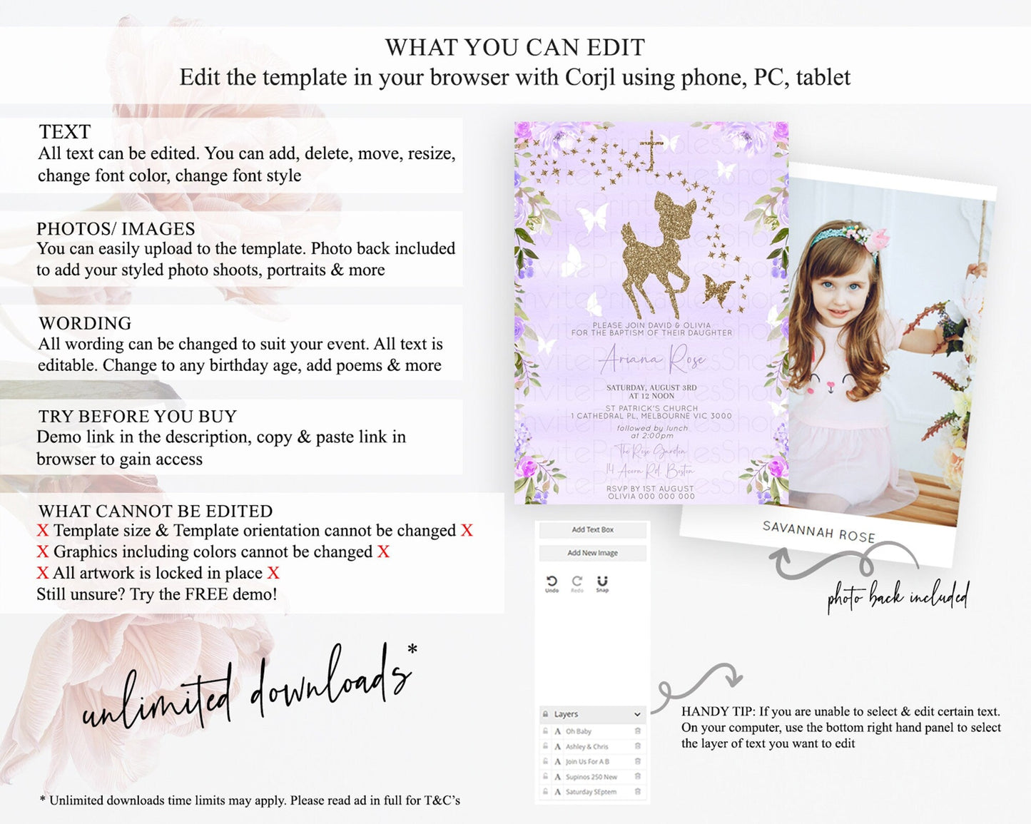 Fawn Baptism Invitation Deer Baptism 1st Birthday Invitation Enchanted Forest Christening Invitation Pastel Garden Butterfly Floral D10963