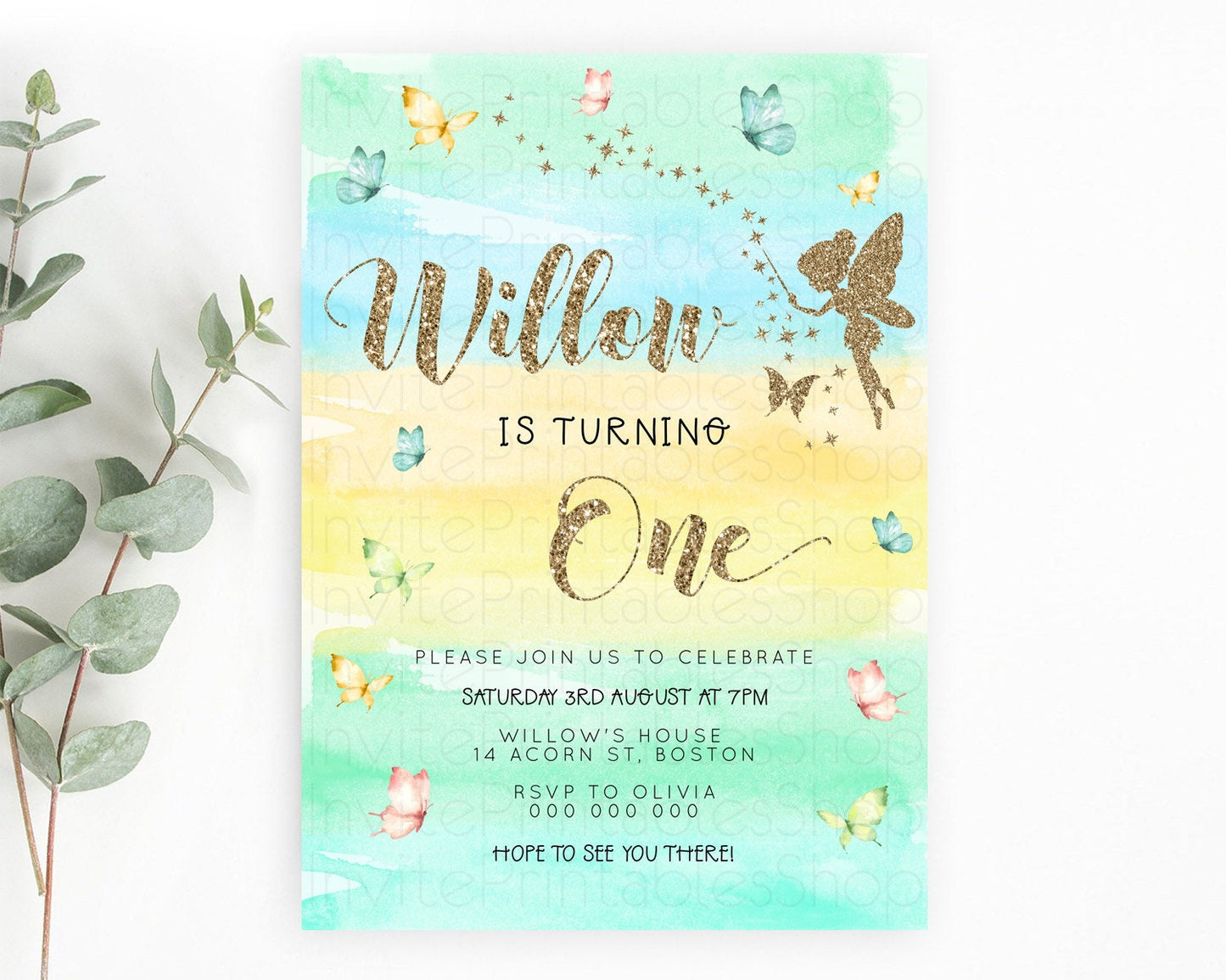 Pastel Fairy Birthday Invitation Pastel Butterflies Fairy Birthday Invitation Rainbow Ombre Watercolor 1st 2nd Birthday Invitation D23316