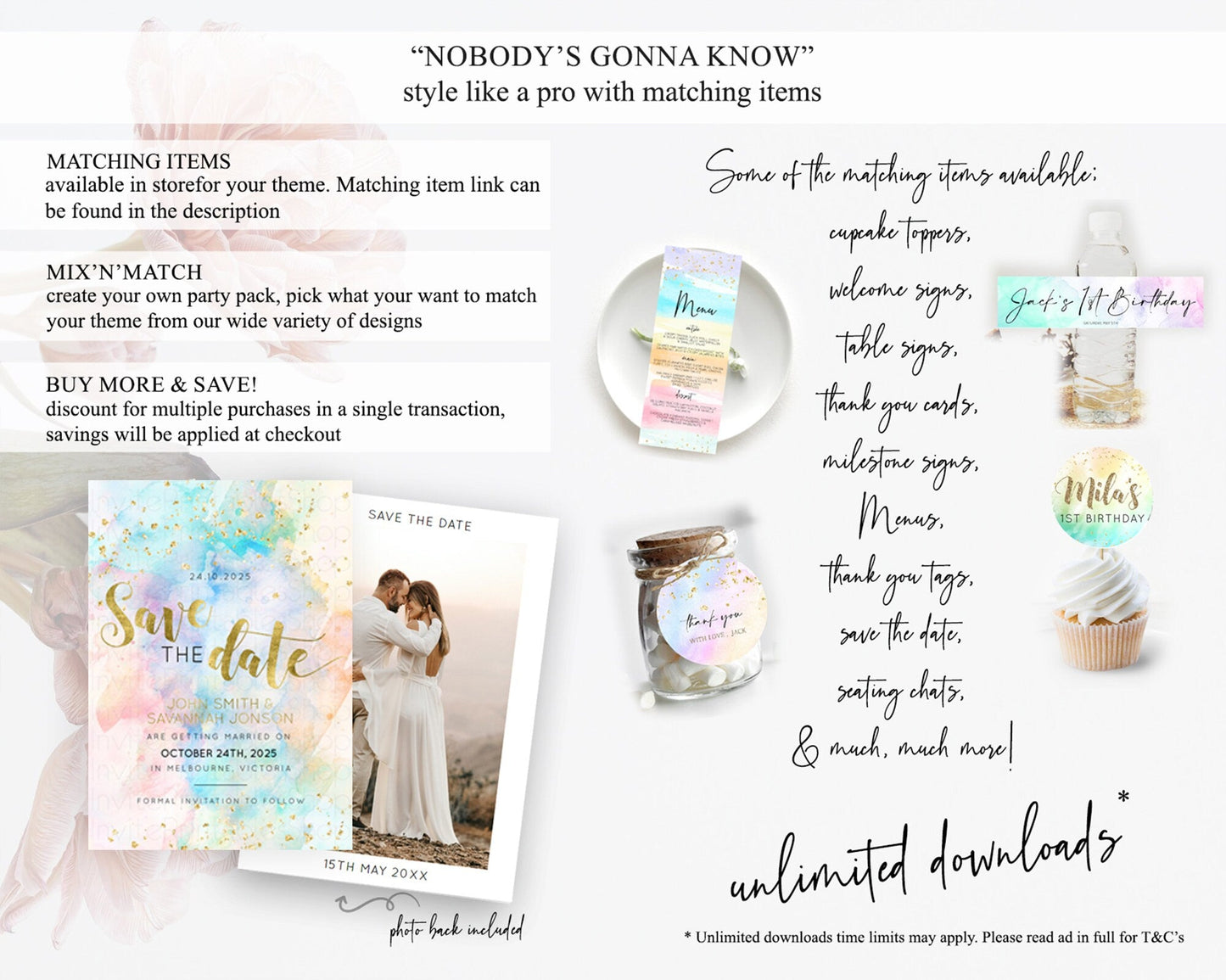 Pastel Save The Date Template Pastel Ombre Rainbow Watercolor Colorful Party For Birthday Baptism Baby Shower Wedding Bridal Shower D10272
