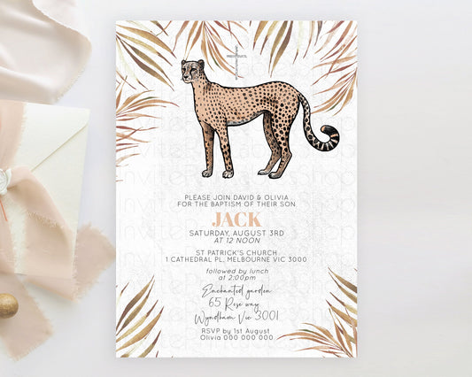 Cheetah Baptism Invitation Cheetah Baptism 1st Birthday Invitation Cheetah Safari Adventure Christening Party Palm Leaf Zoo Cheetah D10291