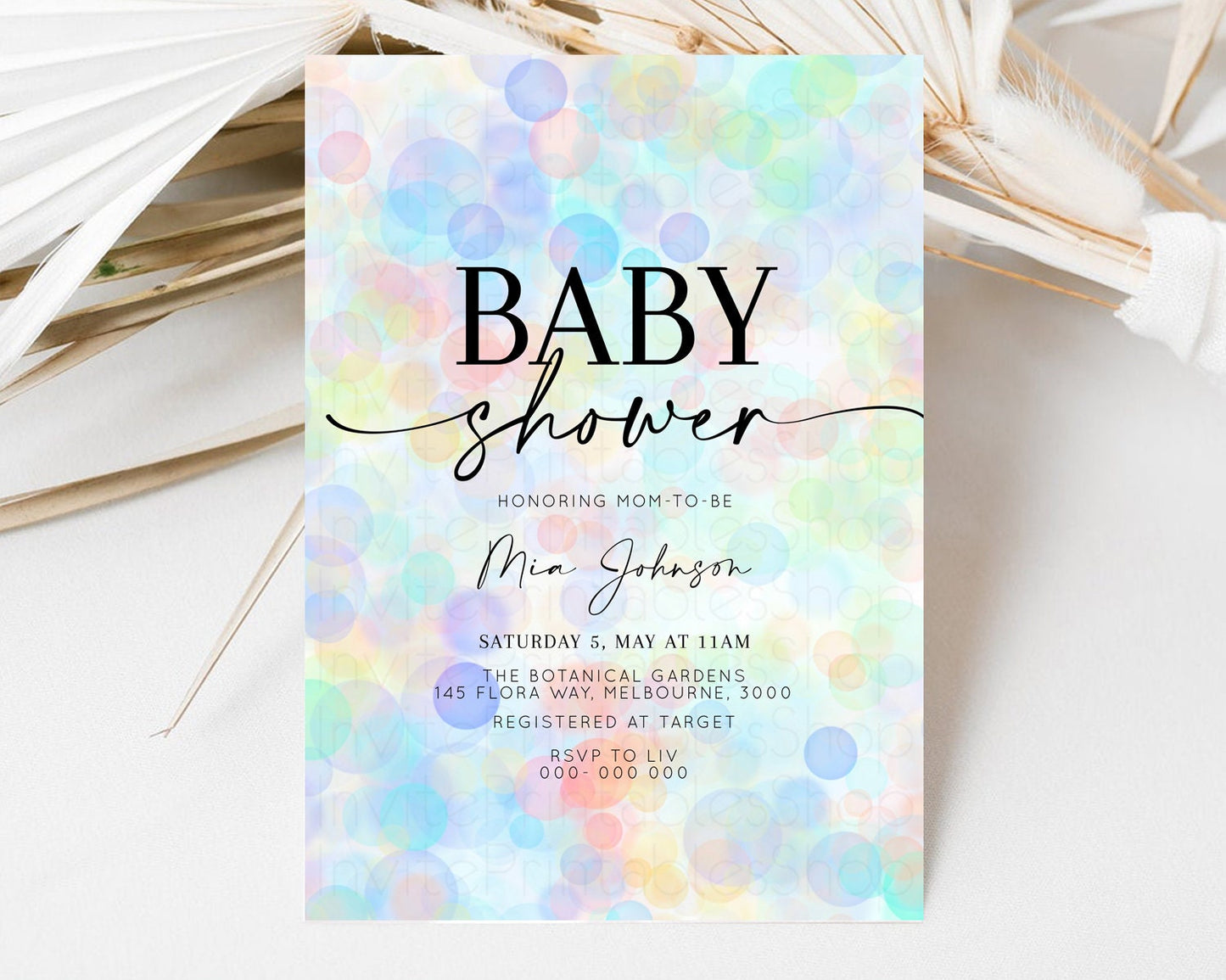 Rainbow Baby Shower Invitation Pastel Invite Colorful POP Invitation Confetti Sprinkles Invite Oh Baby Glitter Blue Pink Yellow Green T500