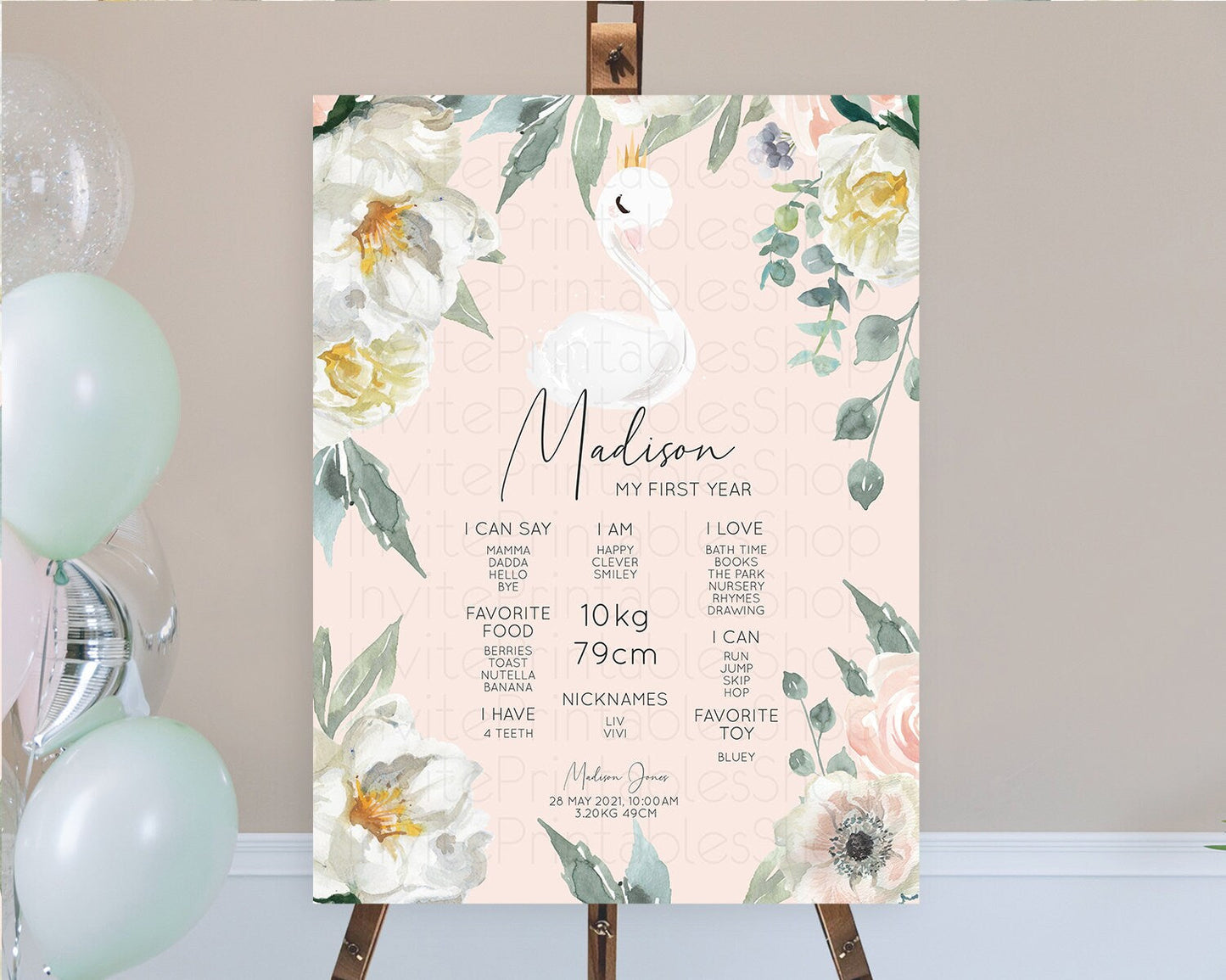 Swan First Birthday Milestone Poster Swan Princess Ballet Milestone Board Enchanted Forest Swan Lake Secret Garden Pastel Floral D10755