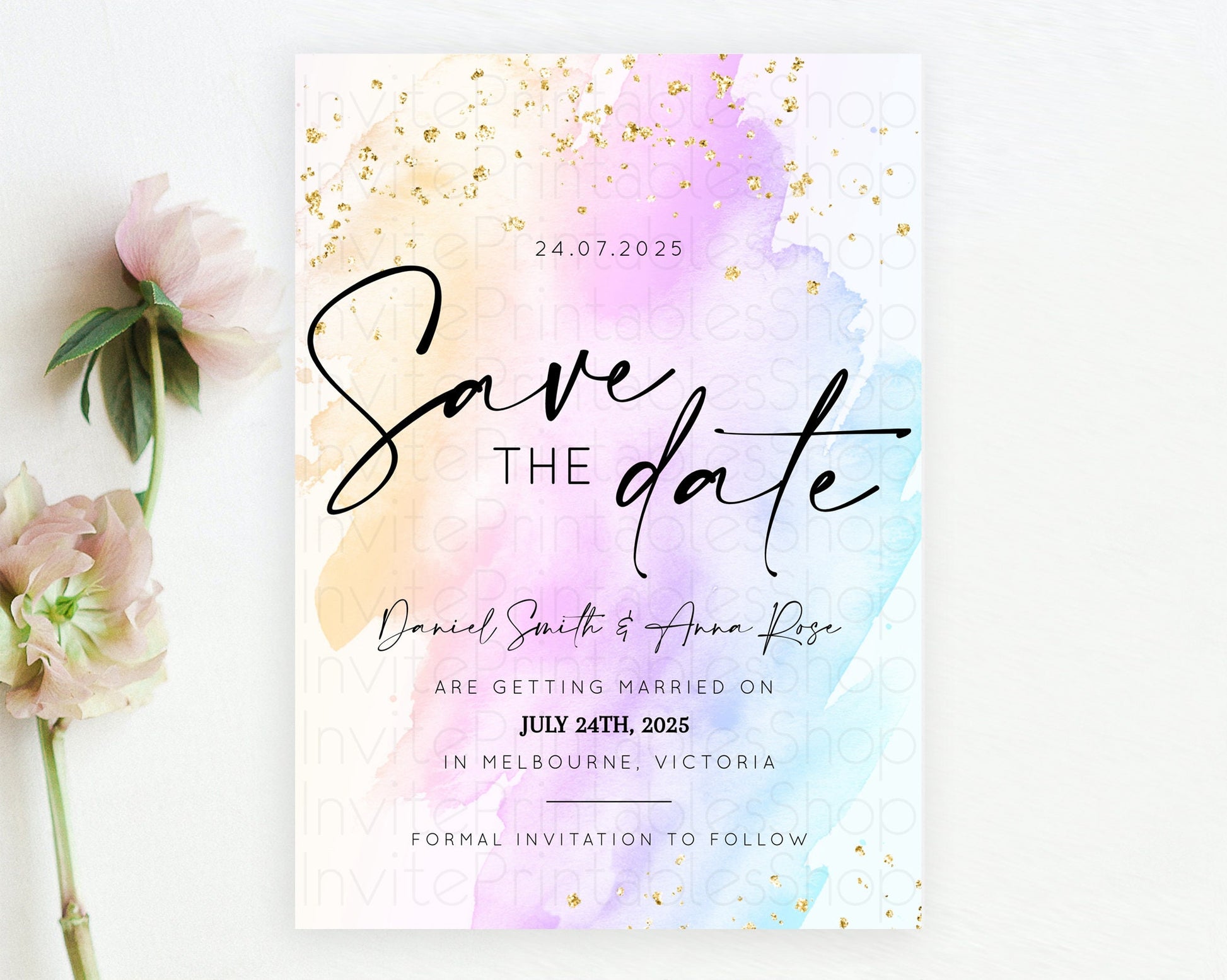 Editable Pastel Save The Date Template Pastel Ombre Rainbow Watercolor Color