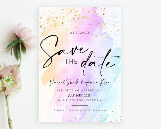 Editable Pastel Save The Date Template Pastel Ombre Rainbow Watercolor Color