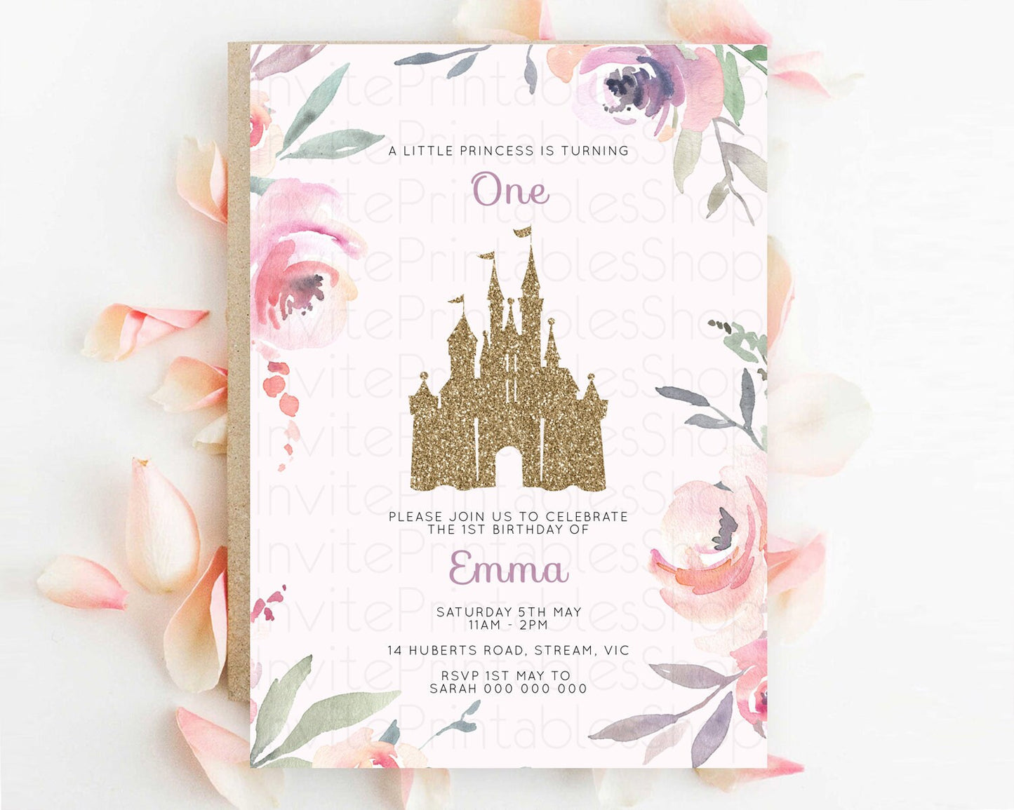 Princess Birthday Invitation Castle Invitation Royal Birthday Fairy Tale Enchanted Castle Pastel Floral Garden 1st First Birthday D10195