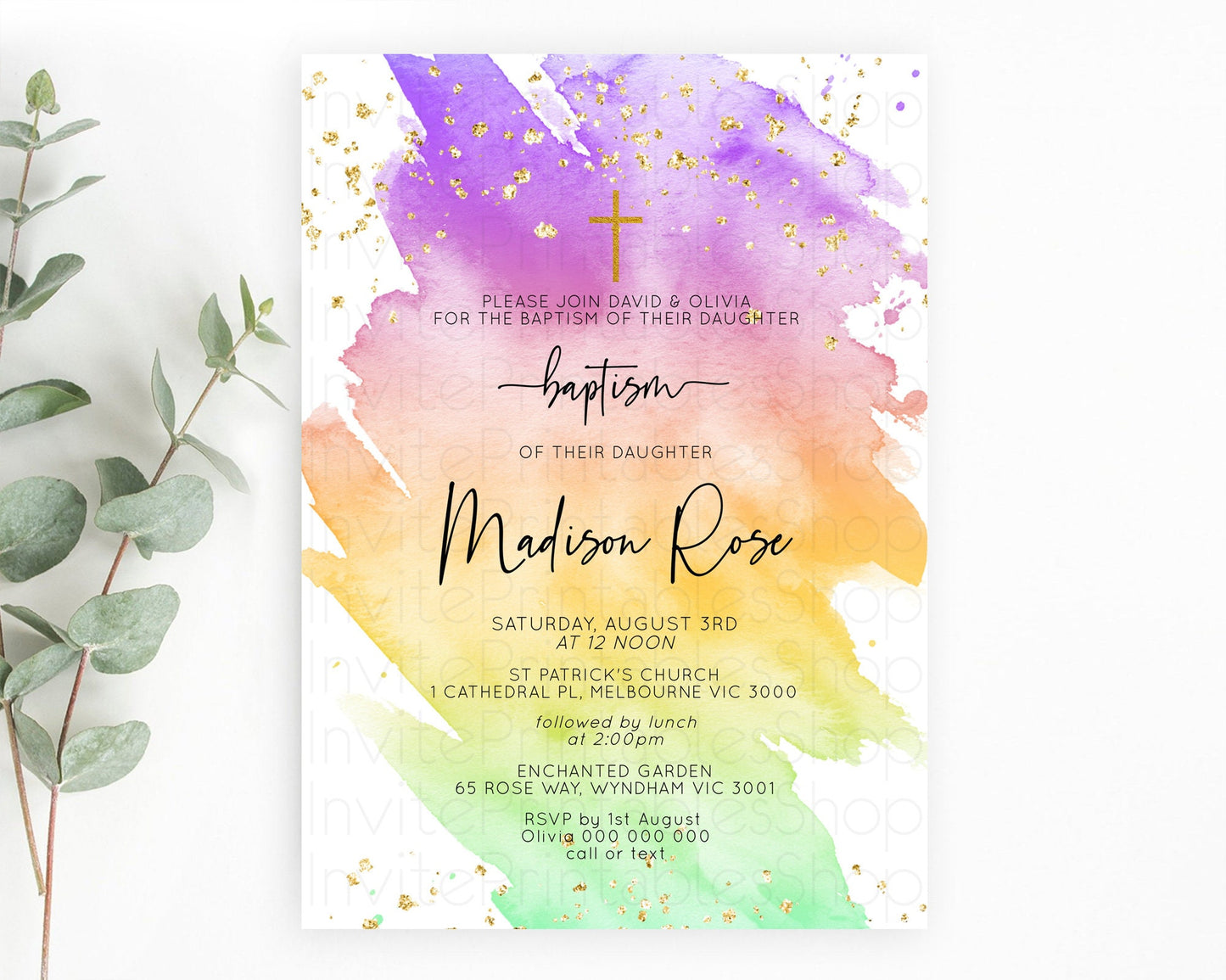 Pastel Baptism Invitation Pastel Colors Watercolor Baptism 1st Birthday Party Gold Ombre Pastel Rainbow Christening Holy Communion D10518