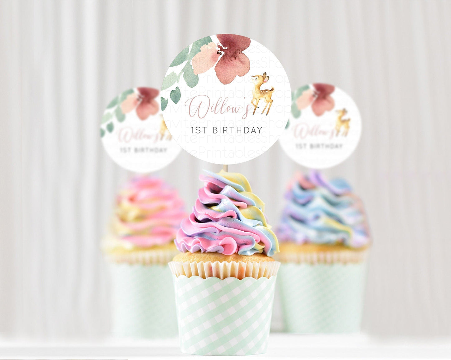 Fawn Cupcake Toppers Deer Cupcake Toppers Enchanted Forest Party Butterfly Pastel Flowers Woofland Cupcake Toppers First Birthday D10915
