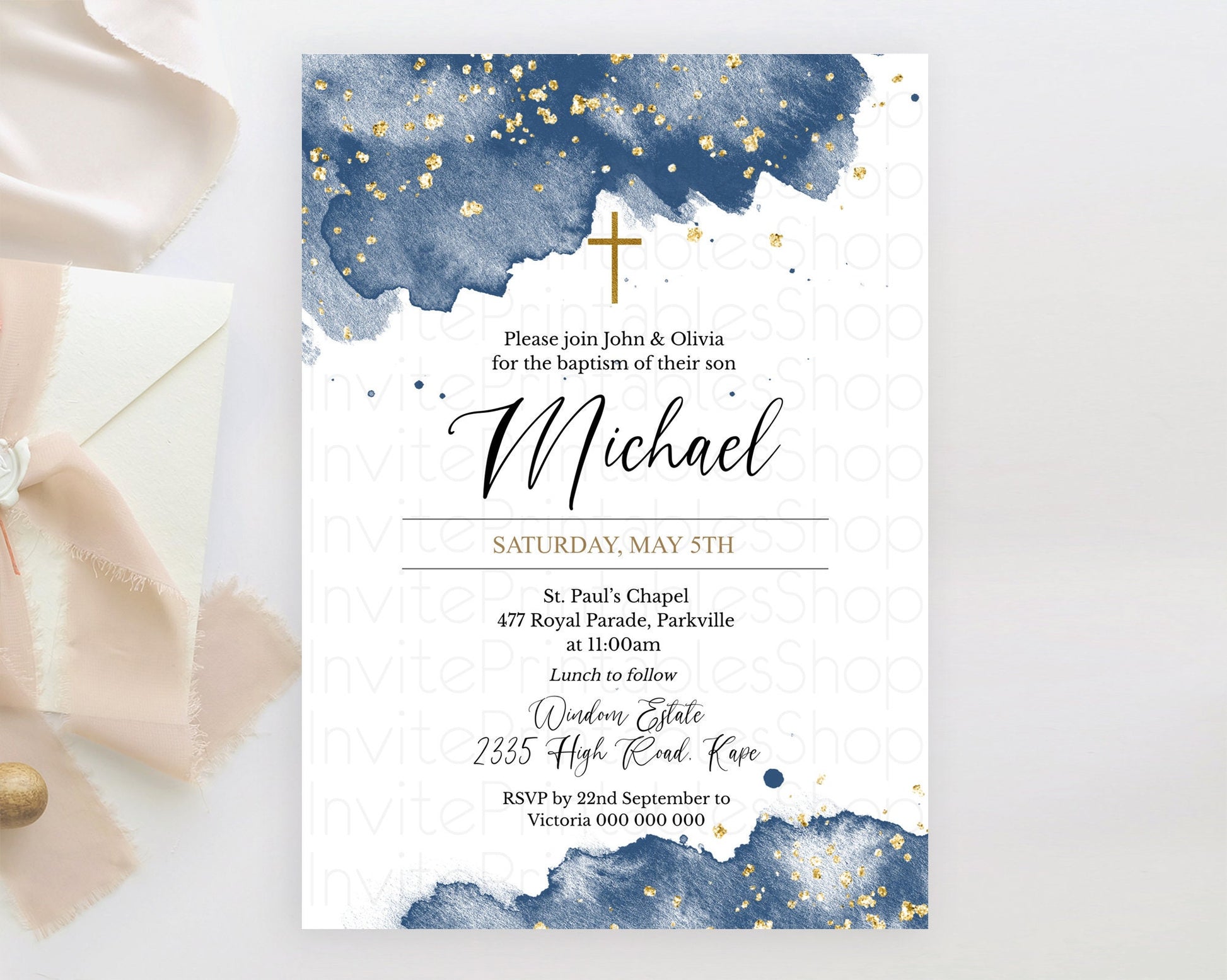 Editable Blue Baptism Invitation Blue Watercolor Baptism 1st Birthday Invita