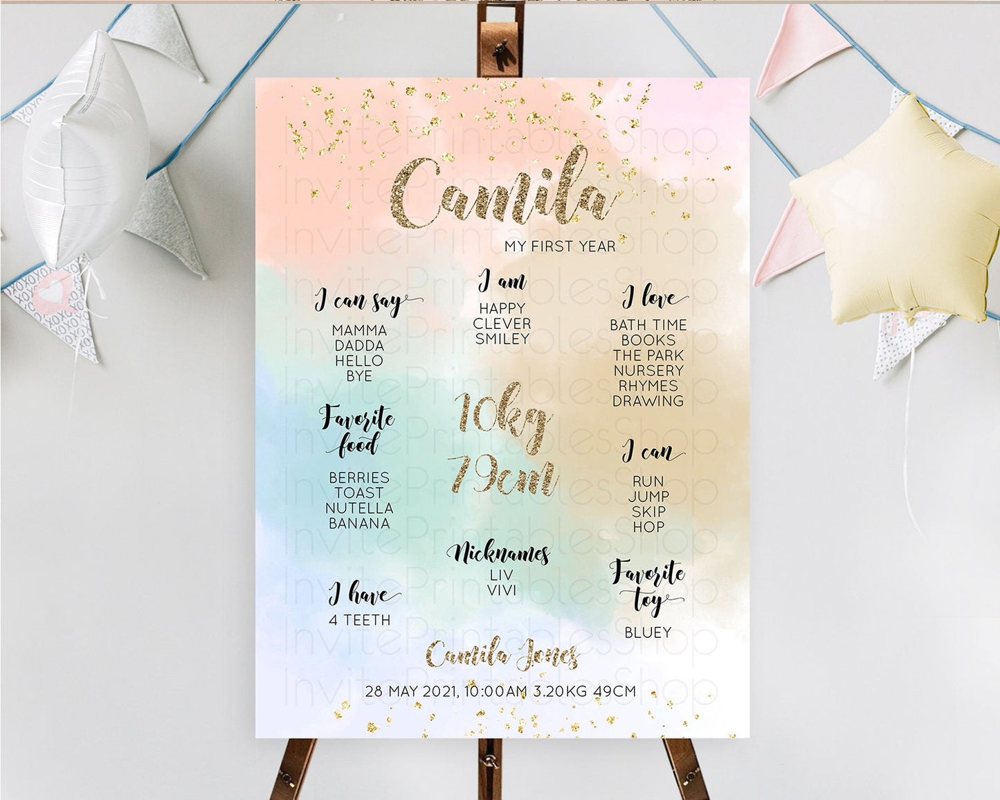 Pastel First Birthday Milestone Board Pastel Rainbow Milestone Poster Colorful Confetti Watercolor Glitter 1st Birthday Welcome Sign D10377